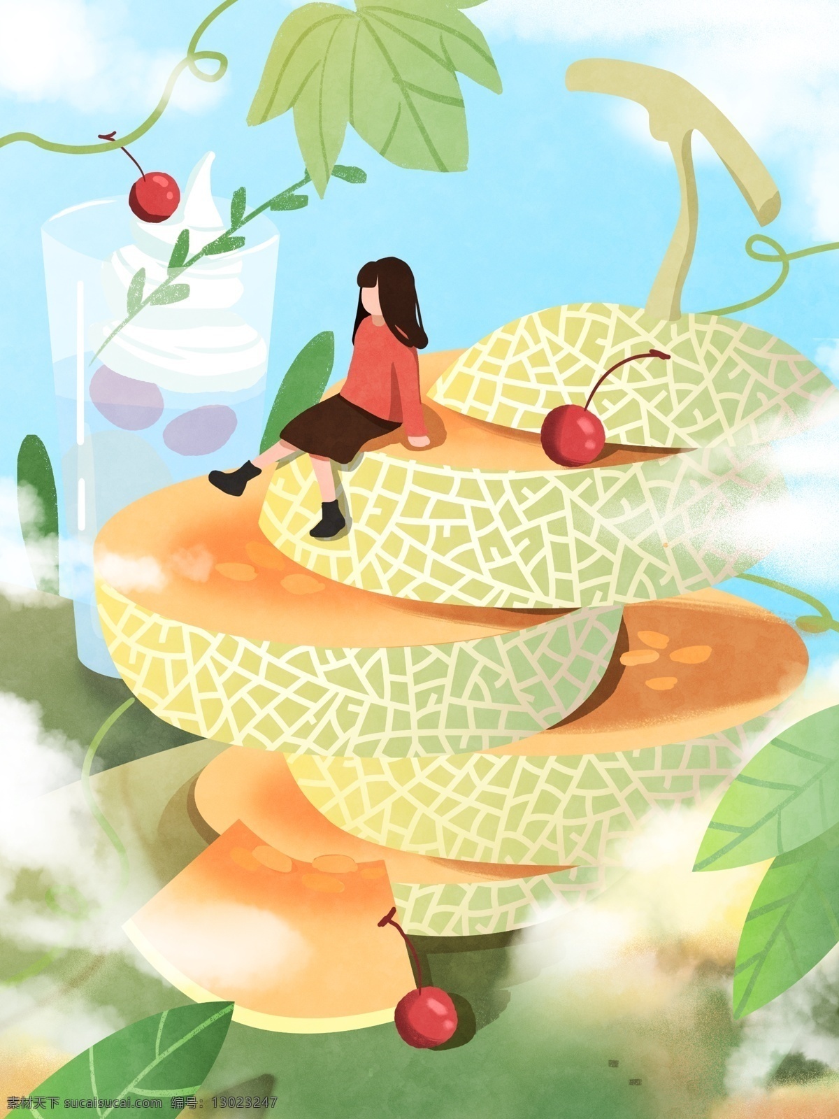 创意 水果 小 清新 扁平 少女 唯美 插画 叶子 蓝天 哈密瓜 樱桃 汽水 薄荷 云朵 纹理 肌理 藤曼 手绘 插图 浪漫 小清新 手机海报 海报 手机插图