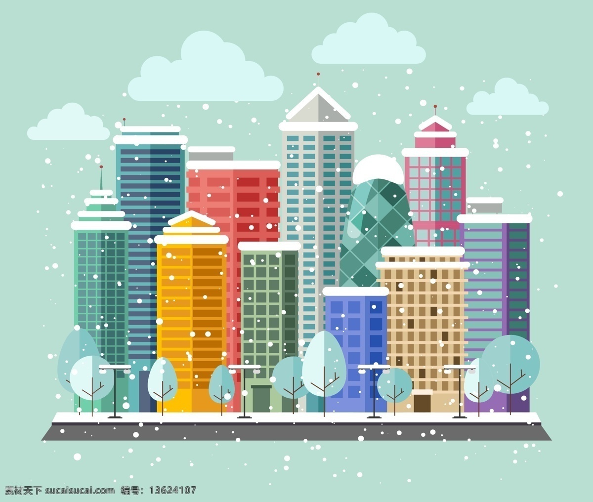 冬天 里 雪景 建筑 插画 彩色 房子 外观 下雪 雪花
