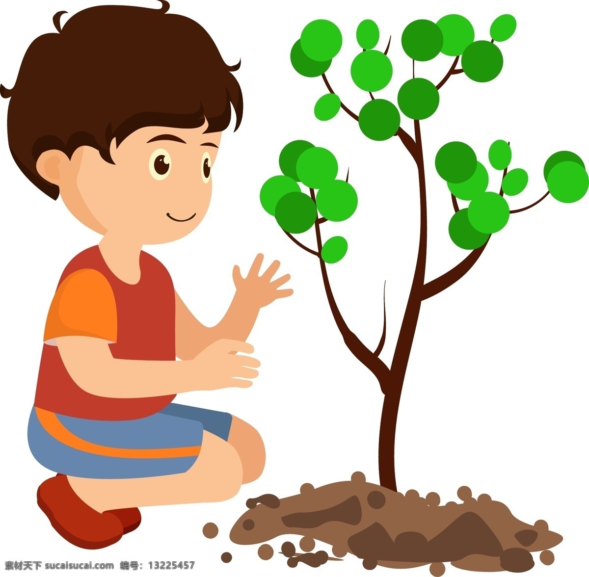 卡通植树种树 卡通 人物 男孩 植树 种树 泥土 树苗 卡通设计