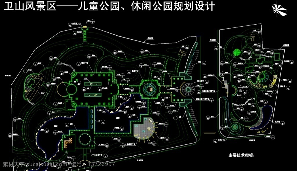 公园总平面图 绿化 苗木 山水 景观 规划 栈桥 花架 道路 栏杆 休闲 植物 凉亭 水池 涌泉 园椅 小品 游览 观赏 休憩 锻炼 公共绿地 避暑 广场 公园广场 环境设计 景观设计 dwg