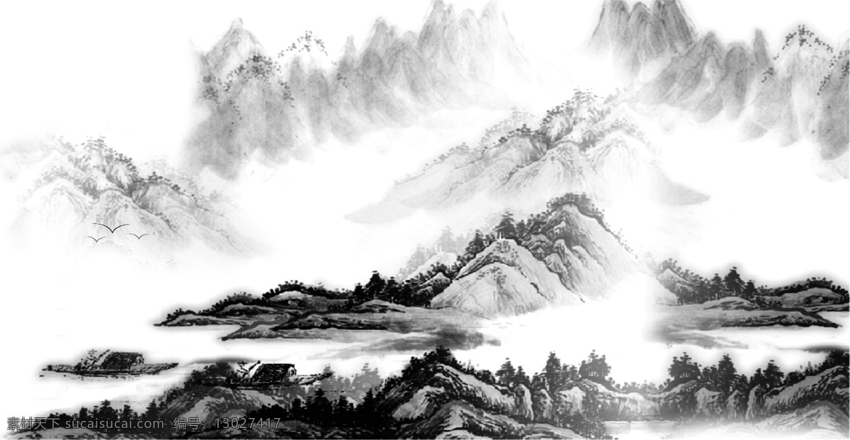 水墨画 水墨 船 分层 风景 黑白 画 山 山水画 模板下载 水 水墨船 水墨山水 远景 近景 源文件 家居装饰素材 山水风景画