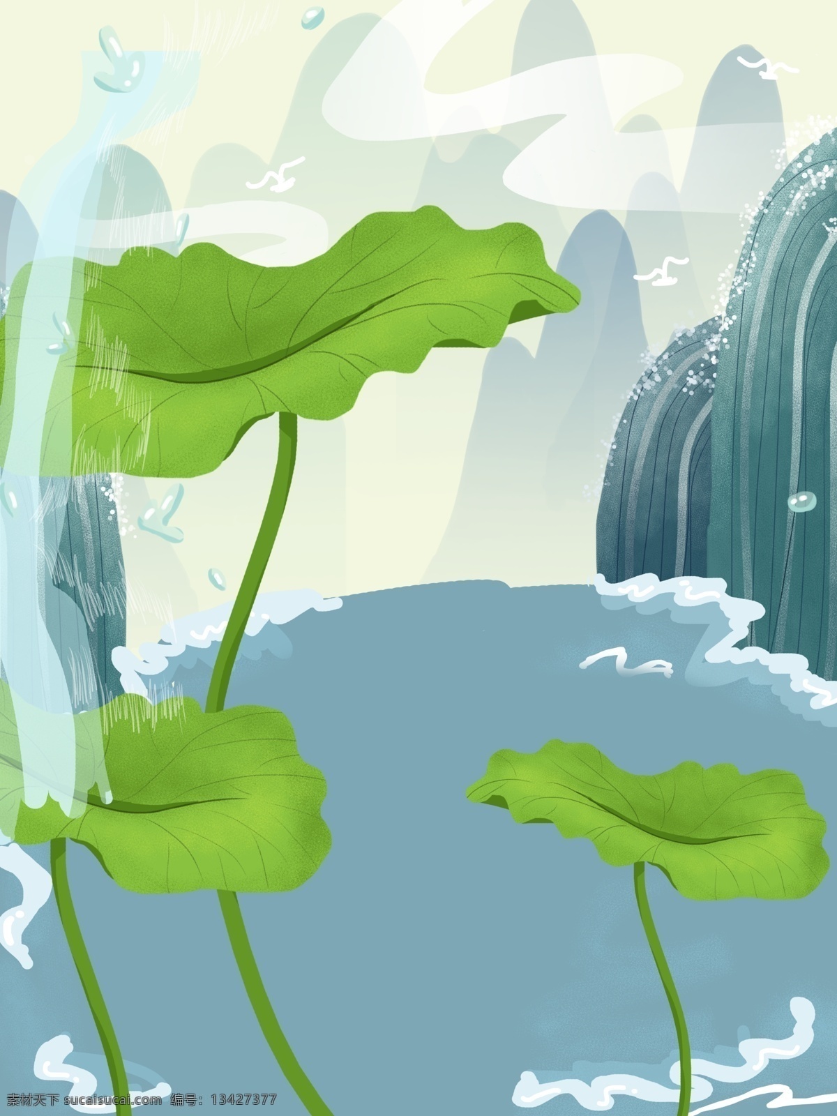 手绘 河边 植物 风景 插画 背景 插画背景 植物背景 荷叶 瀑布背景 通用背景 手绘背景 卡通背景