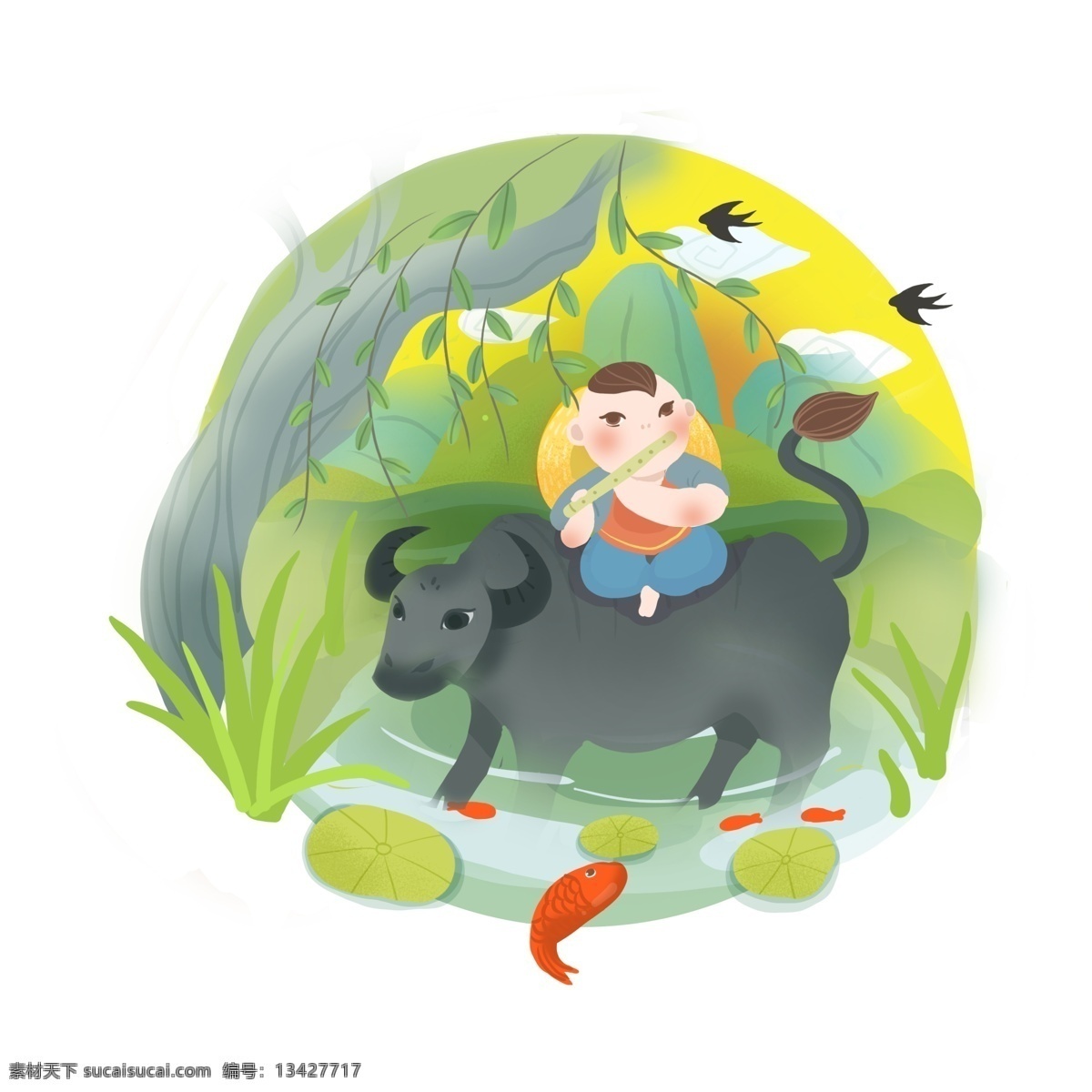 手绘 卡通 清明 牧童 放牛 春天
