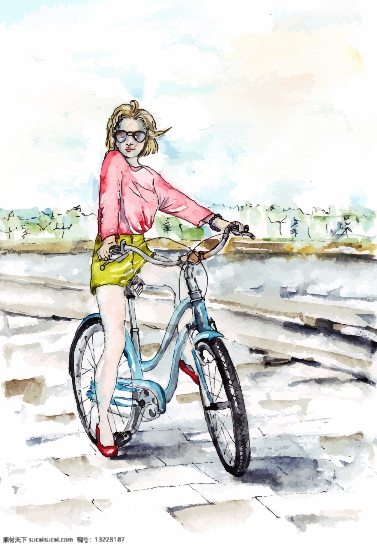 美女 骑 自行车 美女骑自行车 美女插画 水彩美女插画 手绘自行车
