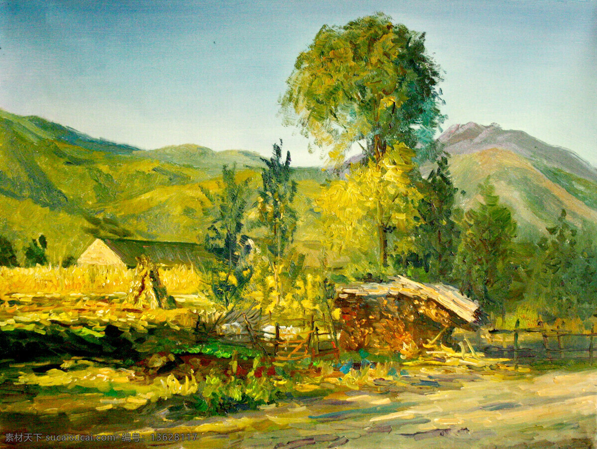 房屋 风景 绘画书法 美术 山地 山岭 树木 山野人家 油画 山野 山道 油画艺术 油画作品35 文化艺术