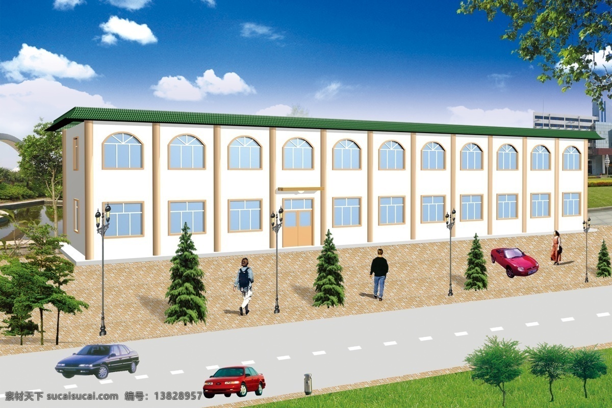 楼房 效果图 公路 环境设计 建筑设计 楼房效果图 路灯 汽车 树木 源文件 装饰素材