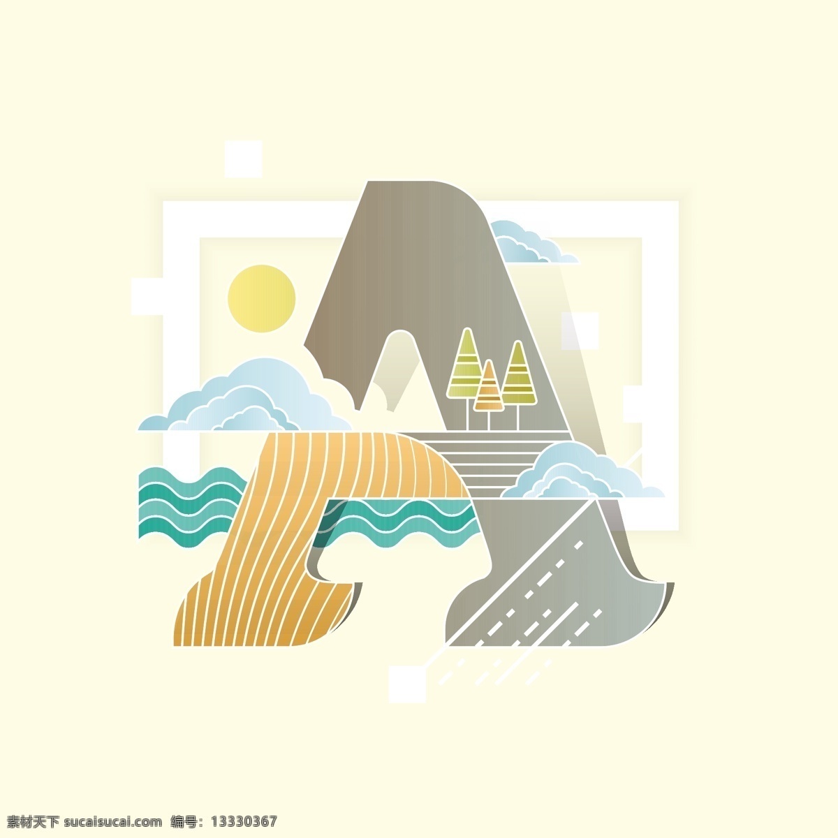 字母 矢量 插图 平面 风景 相 结合 背景 标志 抽象背景 抽象 几何 树叶 自然 景观 艺术 色彩 文字 数字 形状 几何背景 装饰 丰富多彩 创意