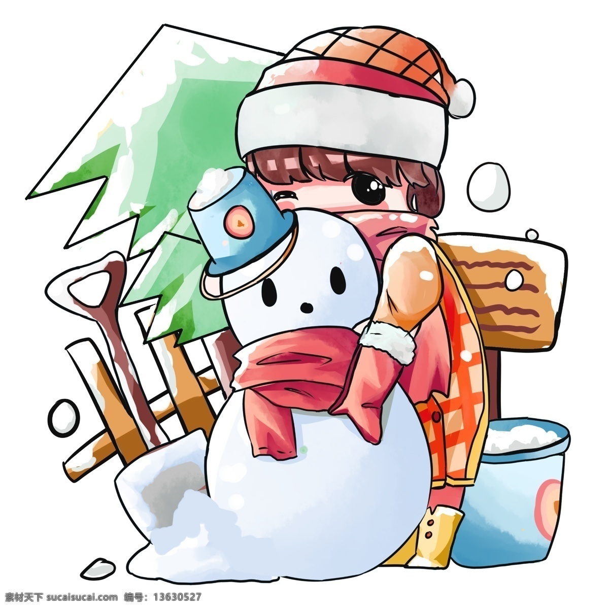 手绘 卡通 冬季 堆 雪人 插画 围巾 水桶 松树 牌子 帽子 冬季堆雪人 堆雪人 大雪 冬天 下雪 雪球