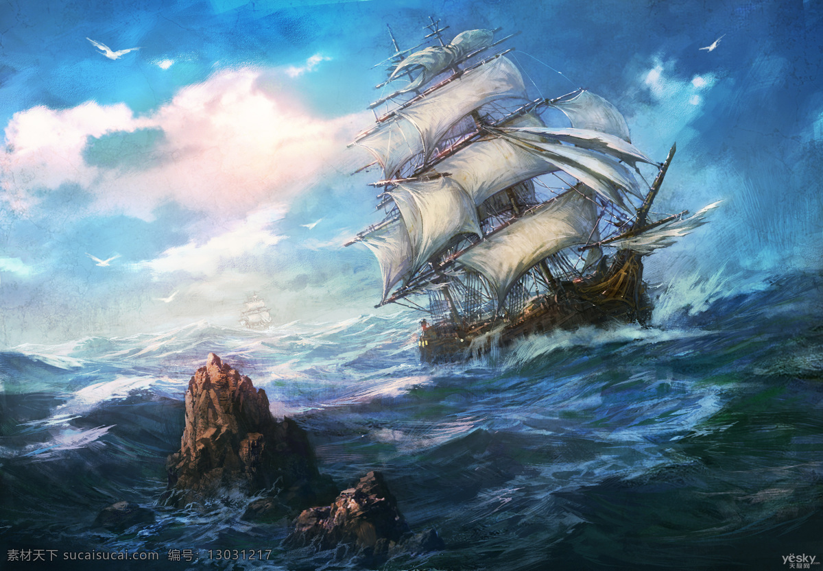 手绘海景 帆船 海浪 海鸥 蓝天 云彩 礁石 动漫风景 风景漫画 动漫动画