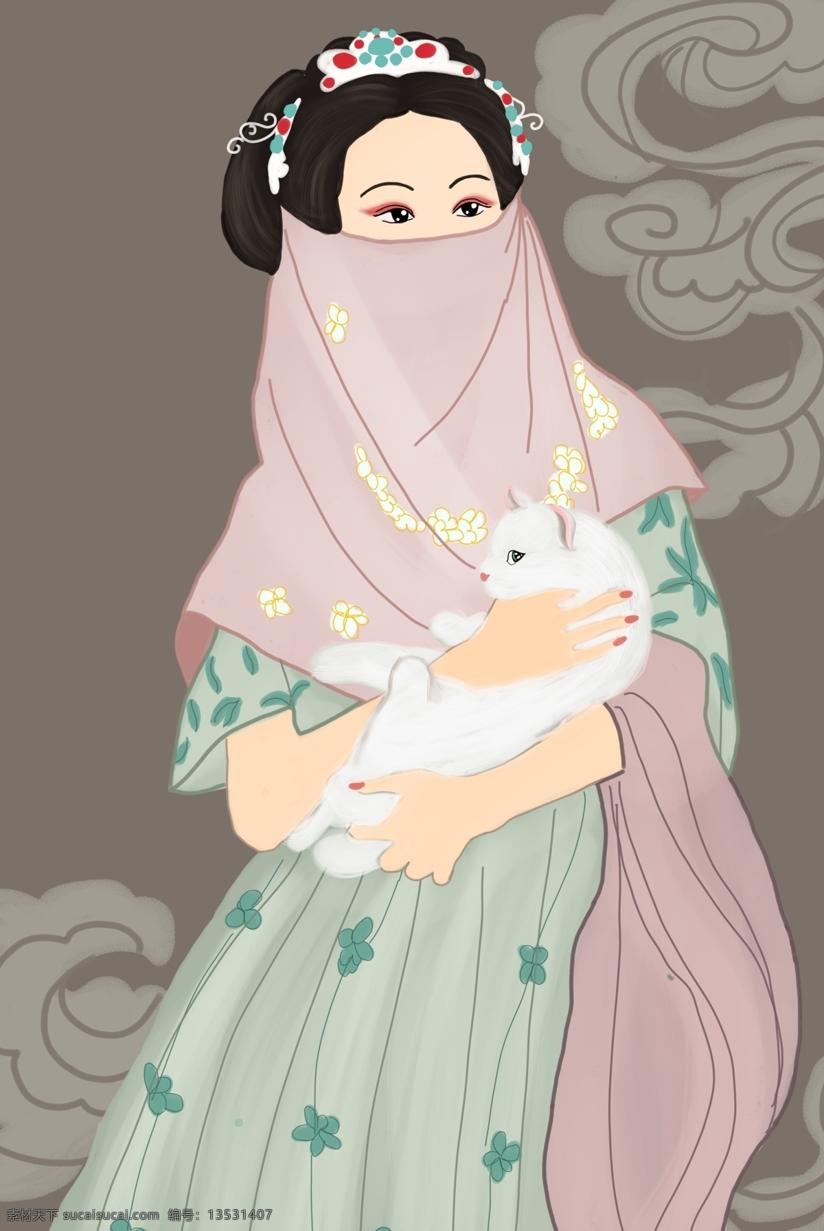中国 传统文化 汉 服 服饰 古装 女子 传统 文化 汉服 抱猫咪 手绘插画 分层