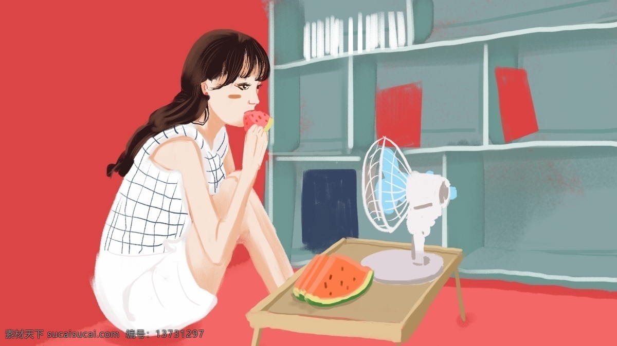 夏天 女孩 吃 西瓜 吹风 扇 原创 插画 吃西瓜 吹风扇 小清新 手机配图 文章配图 手绘