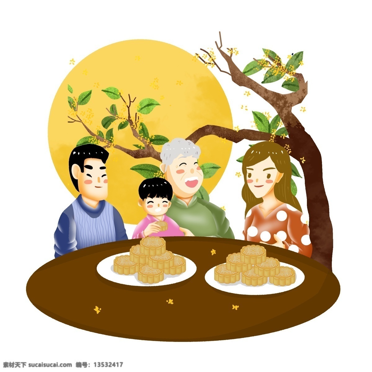 中秋节 家人 团圆 赏月 吃 月饼 家人团员 吃月饼 一家人 卡通一家人