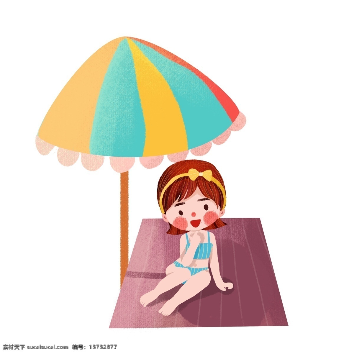 手绘 海边 卡通 女孩 夏季 立夏 海