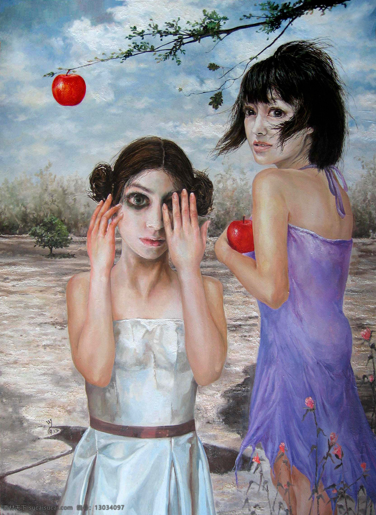 服饰 姑娘 红苹果 绘画书法 美术 人物画 树木 夏娃的苹果 油画 女人女孩 野外 油画艺术 油画作品45 文化艺术 家居装饰素材