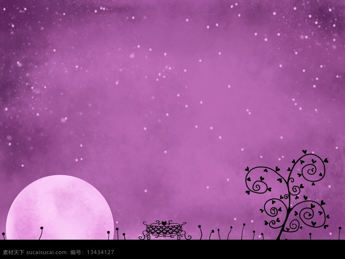 梦幻星空 梦幻 星空 星星 月亮 小草 草地 树 简笔 紫色 分层 繁星 童话 背景素材 源文件