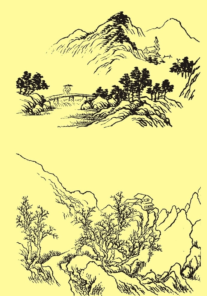 国画山水 国画 山水画 水墨画 山石 岩石 石头 树木 植物 民居 房屋 河流 艺术 中国传统 国粹 绘画技法 毛笔画 高雅 享受 文化休闲 cdr素材 矢量文件 设计用图 美术绘画 文化艺术 矢量