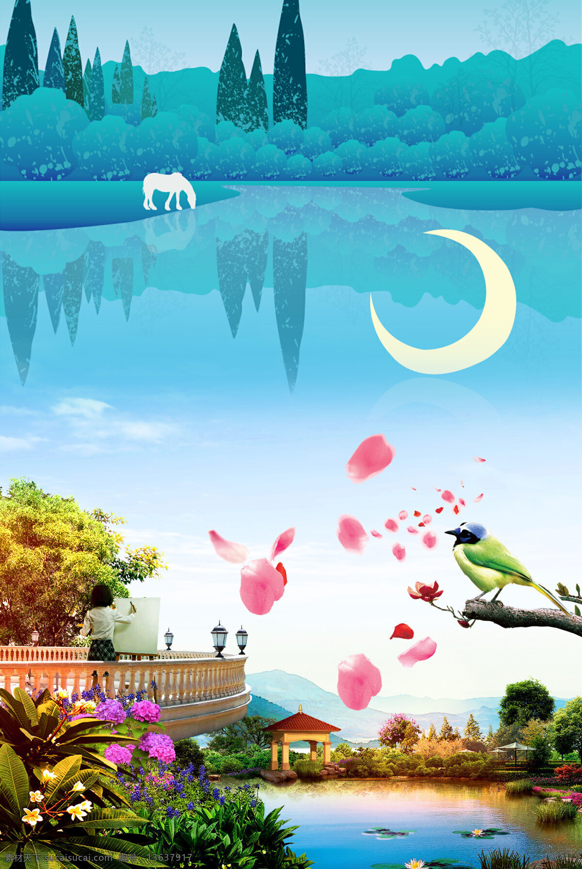 浪漫 花瓣 别墅 背景 小清新 湖泊 弯月 花鸟 广告