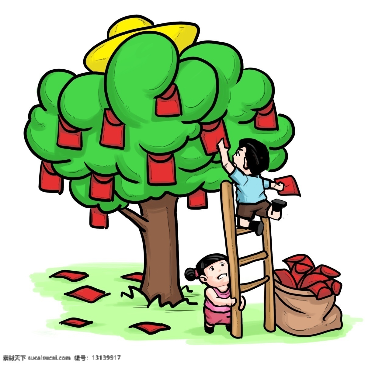 手绘 绿色 红包 树 插画 大大的红包 诱人的红包 装满 祝福 创意红包插画 手绘红包插画 圆鼓鼓的红包
