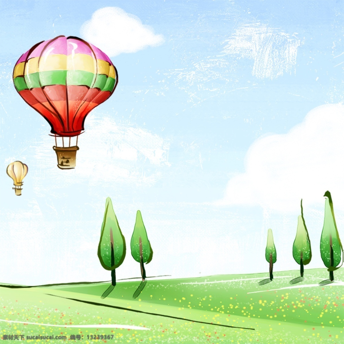 手绘春季背景 热气球 树木 手绘背景 卡通背景 春季 白色