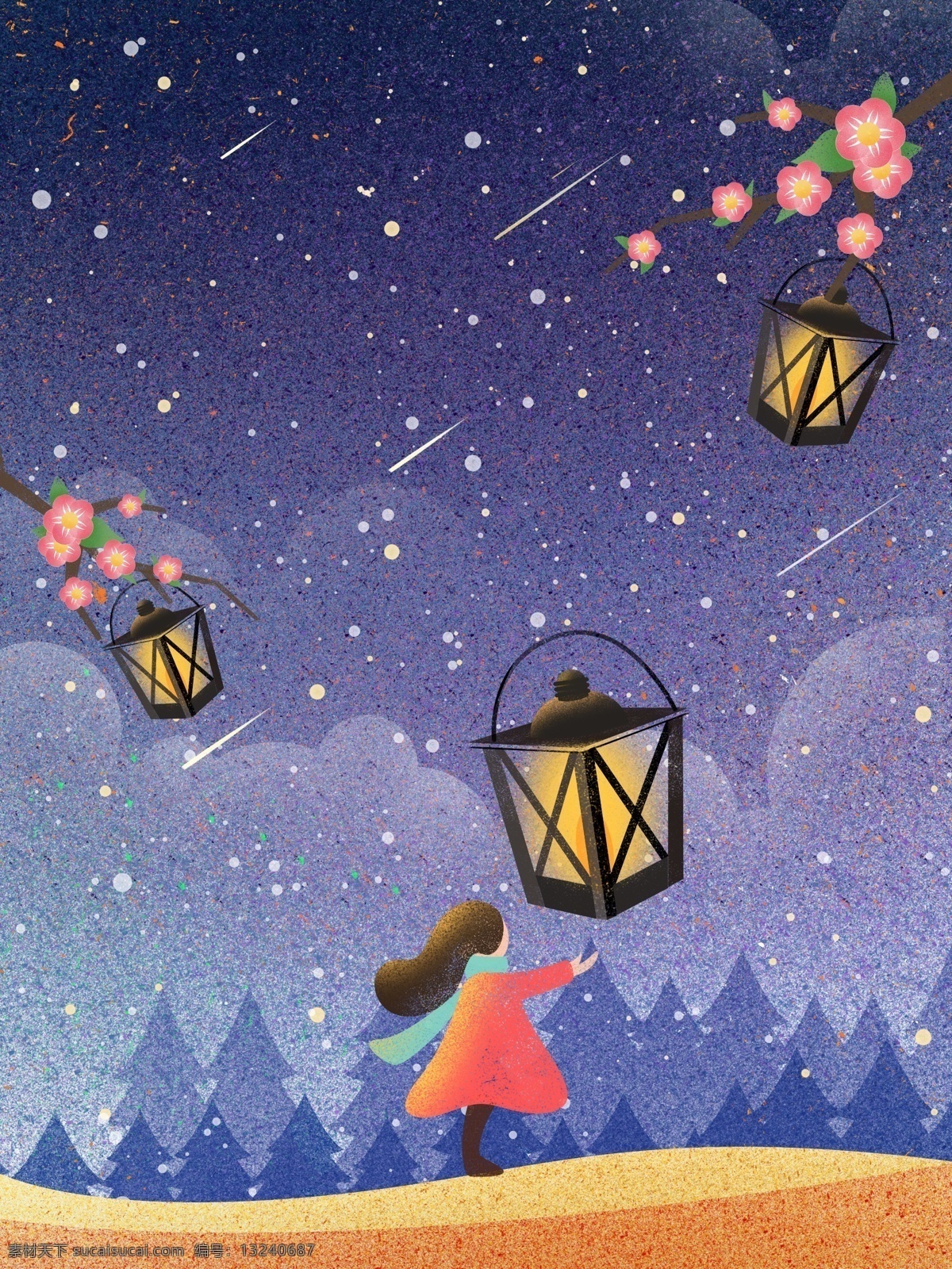 唯美 彩绘 流星雨 女孩 背景 星空 花灯 星空背景 psd背景