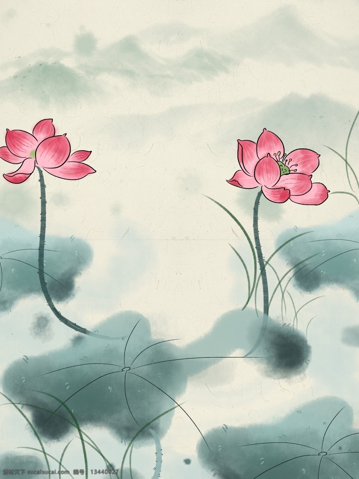 印象 荷塘 赏 荷花 插画 背景 唯美 插画背景 荷花背景 夏天背景 山水 荷塘背景 赏荷花 意境背景