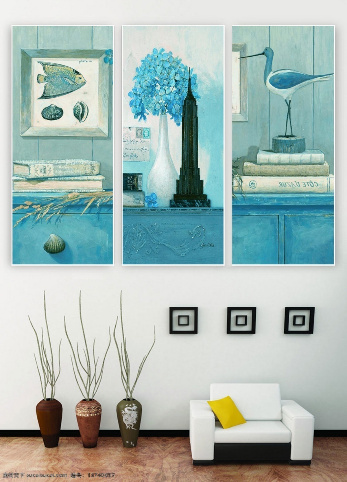 三联 画 地中海 风格 蓝色 客厅 装饰画 三联画 书 鱼