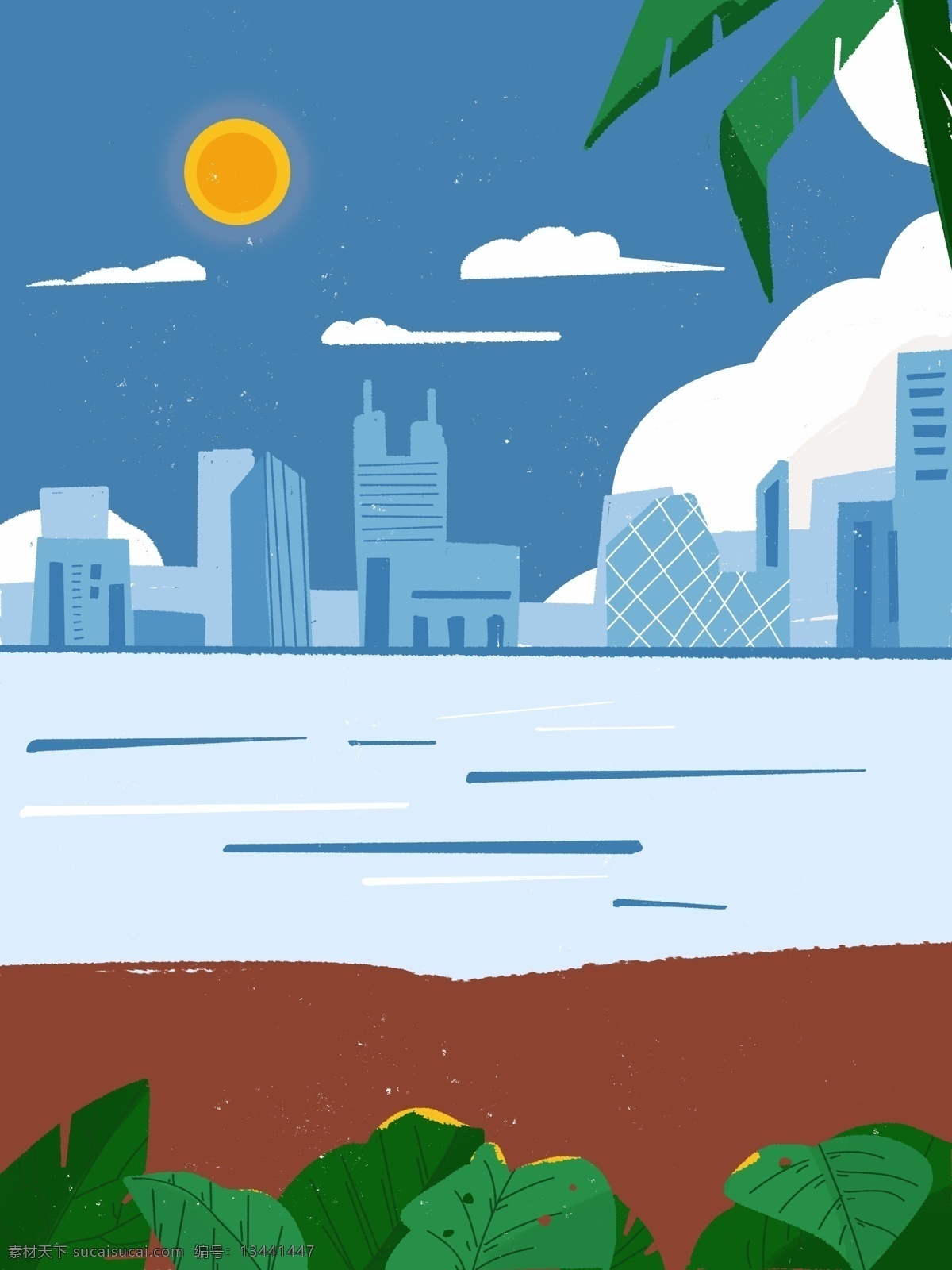 手绘 春天 户外 景色 插画 背景 植物背景 唯美 草地背景 绿地背景 蓝天白云 河边 山水风景