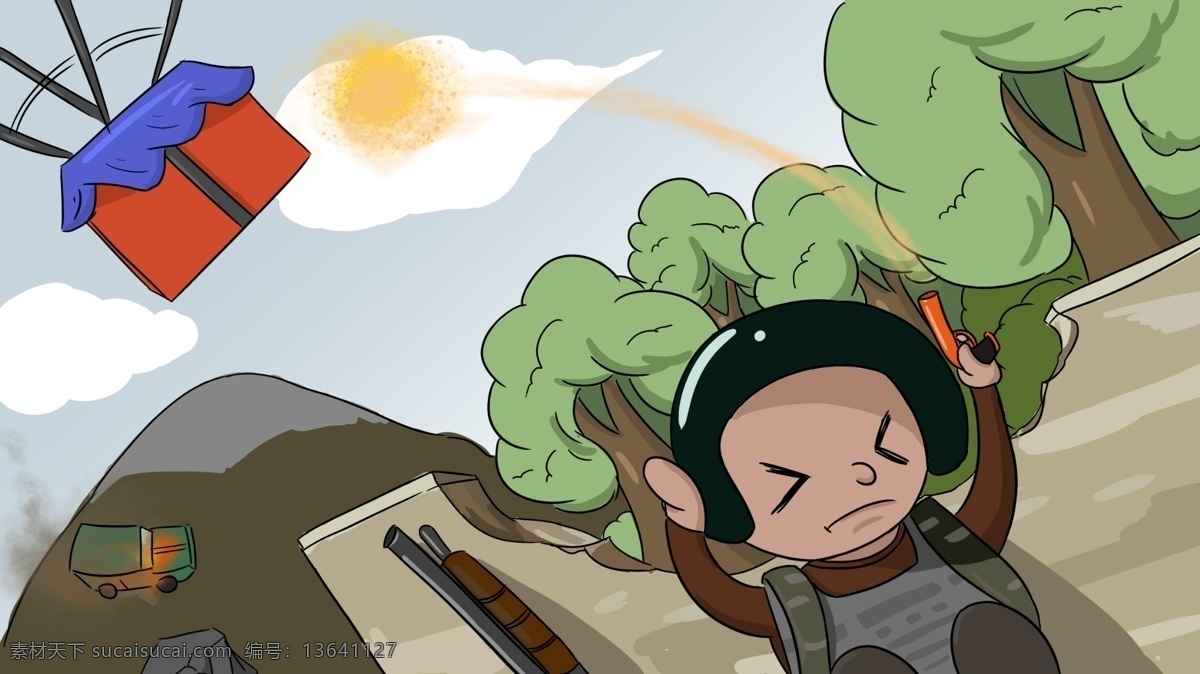 原创 插画 大吉大利 今晚 吃 鸡 吃鸡 空投