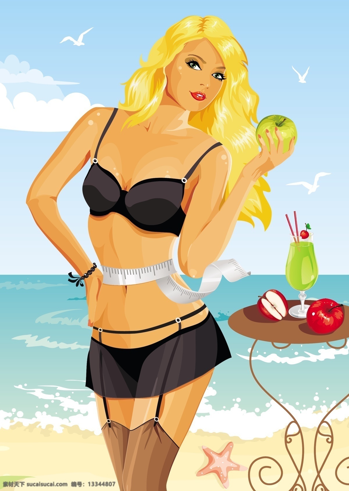 吃 苹果 减肥 女孩 瘦身 时尚 美女 女人 女郎 女士 沙滩 海滩 海洋 手绘 卡通 背景 底纹 矢量 女孩剪影 妇女女性 矢量人物