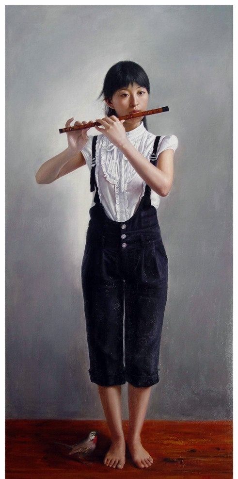 吹笛女孩 布面油画 吹笛 女孩 演奏 少女 白衣 黑裤 光脚 小鸟 笛子 当代 油画 装饰画 当代油画 绘画书法 文化艺术 bmp