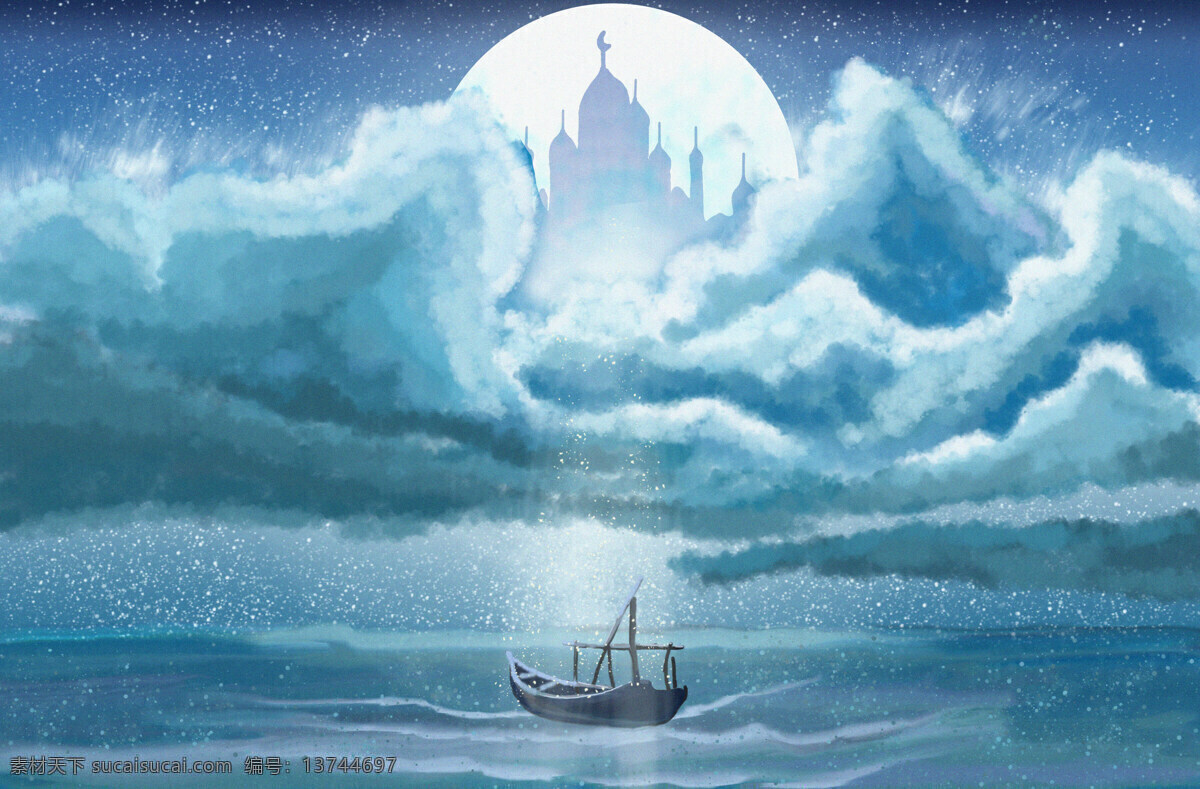 大海的尽头 云层 插画 海面 海浪 治愈系 治愈 梦幻 月光 月亮 星空 抽象 云端 手绘 幻想 小船 大海 动漫动画 风景漫画