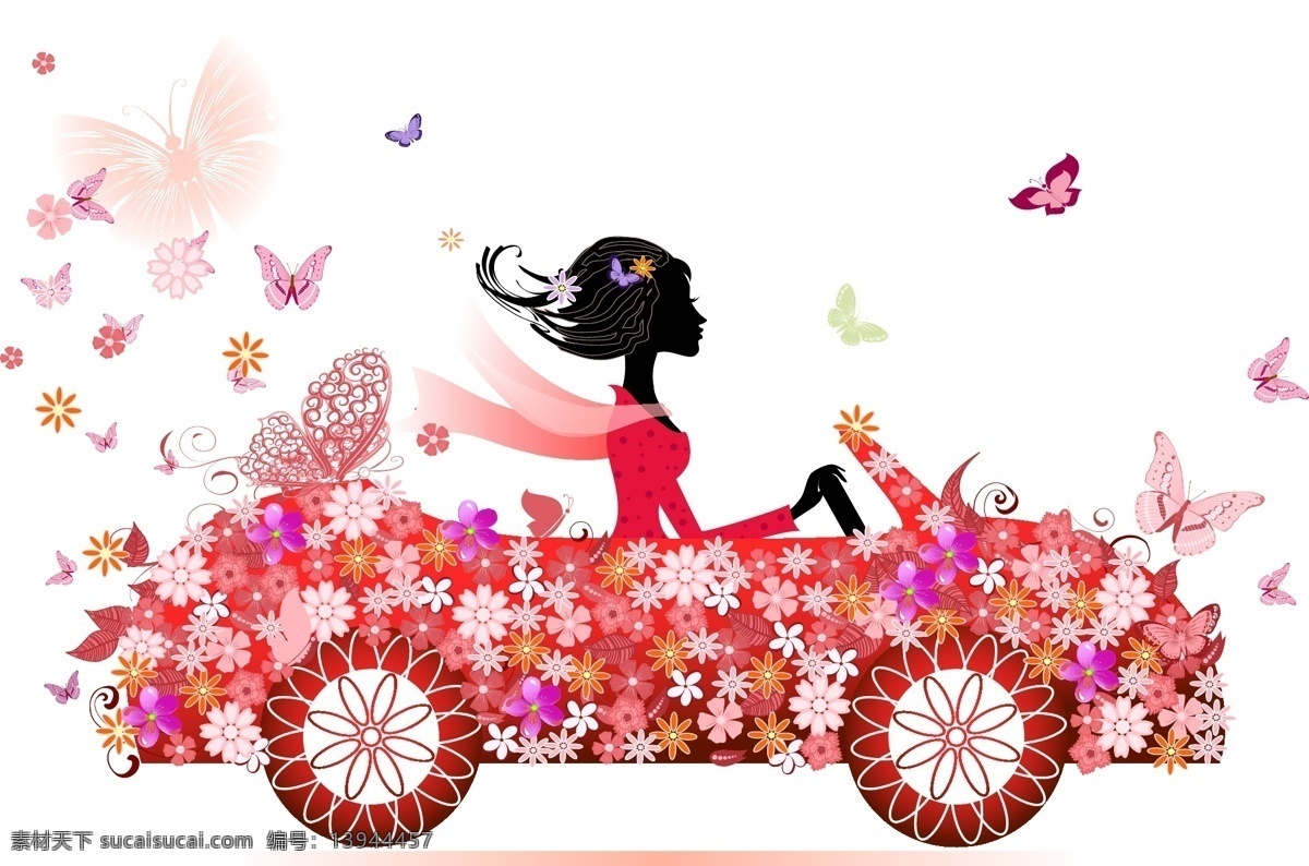 开 贴 满 花朵 美女 矢量 美女剪影 蝴蝶 车 汽车 开车 花纹 花纹背景 底纹背景 矢量背景 矢量素材 花纹花边 底纹边框 白色
