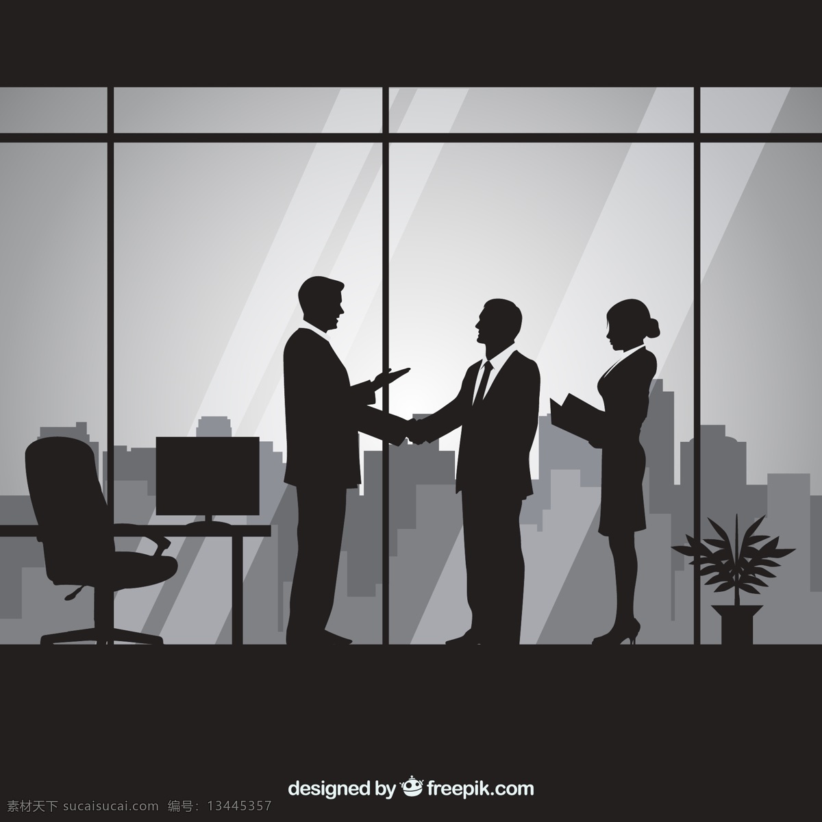 商务合作 人物 剪影 人物剪影 办公桌 盆栽 秘书 商务 男子 合作 握手 办公室