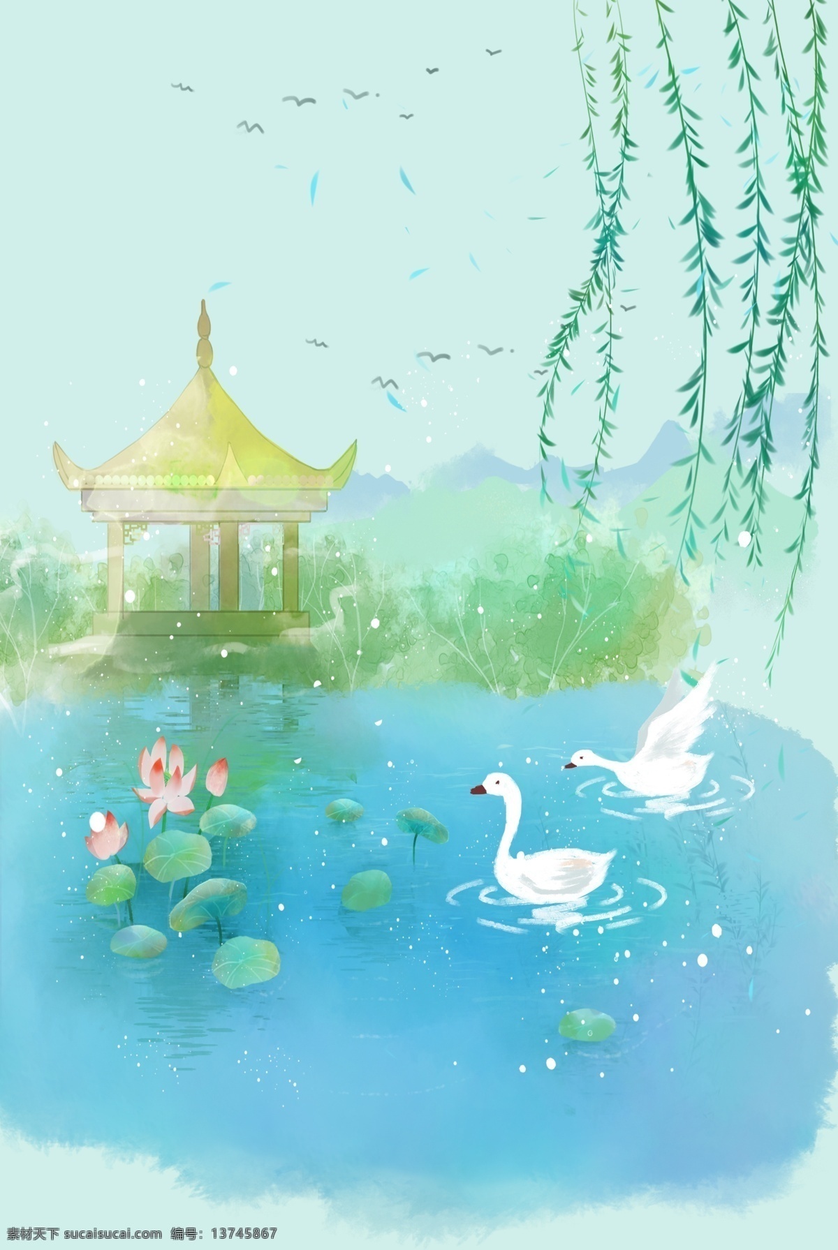 唯美 清新 立春 背景 春天 浪漫 天鹅 湖泊 亭子 卡通 春游 郊游 柳树