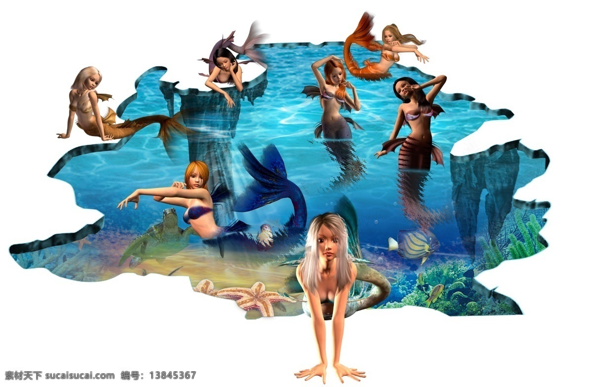 3d 海底 世界 美人鱼 墙纸 壁画 背景 墙 海底世界 背景墙 3d渲染 效果图