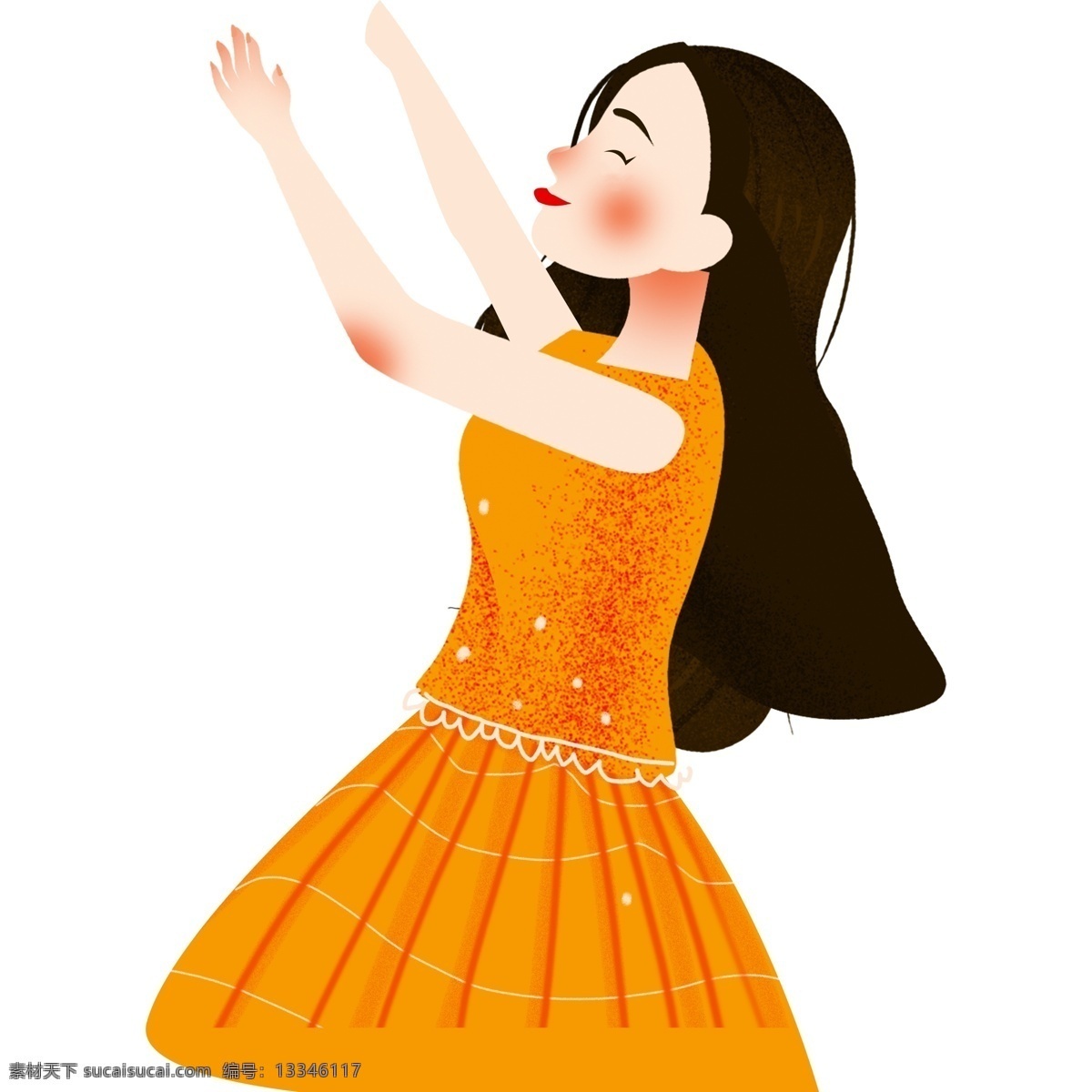 穿 橘 色 裙子 妈妈 母亲节 插画 小清新