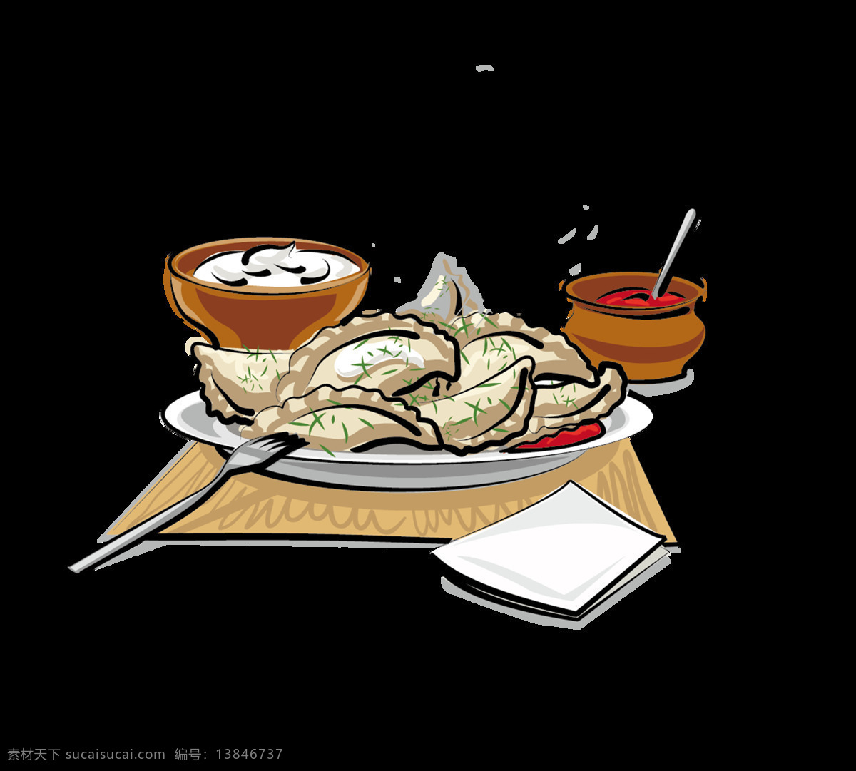 手绘 卡通 饺子 装饰 扁平 叉子 冬至 可爱 食物 碗