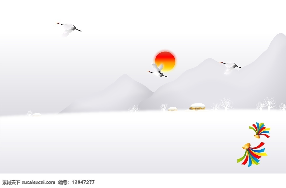 卡通 风景 矢量 背景 动漫素材 矢量素材 太阳 仙鹤 远山 矢量图 其他矢量图