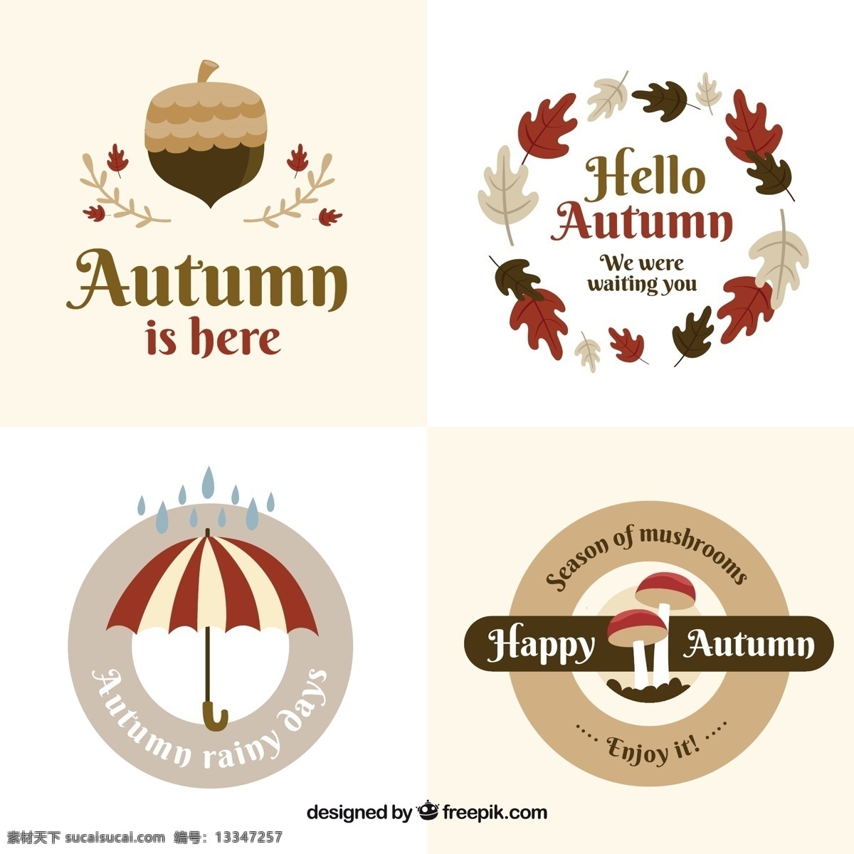 秋季 徽章 有趣 品种 标签 叶 自然 可爱 秋天 树叶 彩色 平 雨 伞 颜色 平面设计 温暖