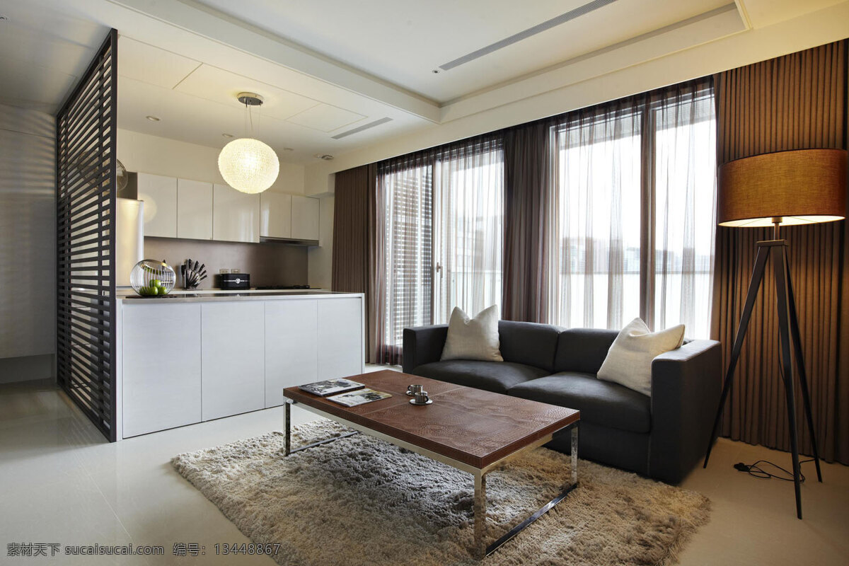 室内 客厅 现代 简约 装修 效果图 陶瓷地板 时尚沙发 实木茶几 大落地窗 黄色灯光