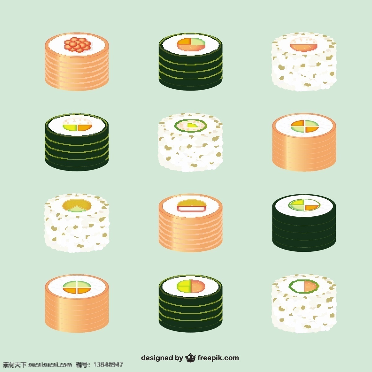 寿司集合 食物 菜单 图标 鱼 可爱 寿司 元素 食物图标 插图 符号 食物菜单 亚洲 图标集 滚动 餐 集合 白色