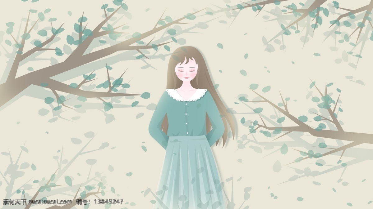 立秋 树荫 里 绿 裙子 女孩 秋天 黄色 绿色 清新 壁纸 树枝 落叶