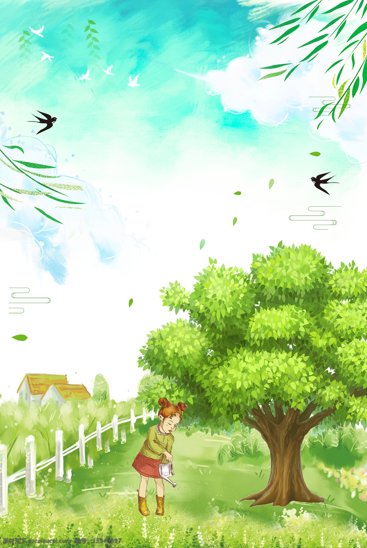 手绘 卡通 绿色 植树节 背景 时尚 草地 天空 云朵 栅栏 扇子 鸟儿 落叶 柳叶 燕子 女孩 植树