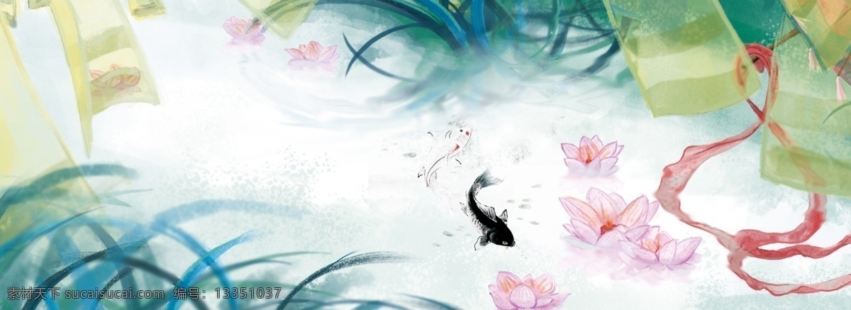 游鱼 彩墨 古风 背景 质朴 梦幻 复古 中国风 文艺 手绘 质感 纹理 浪漫