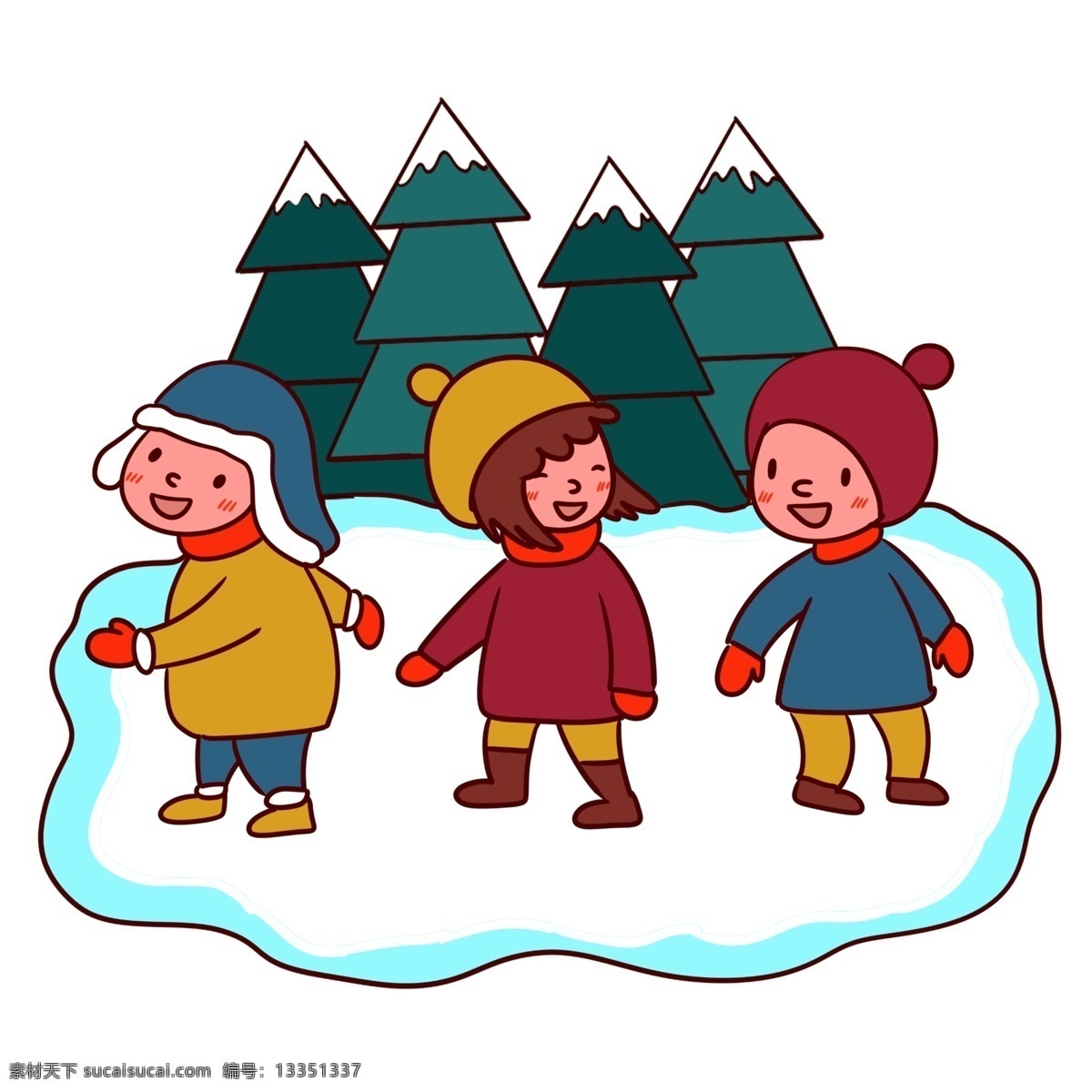 手绘 卡通 可爱 学生 溜冰 寒假 生活 矢量 免抠 寒假生活 玩耍 快乐 棉衣 保暖 冬天 滑冰 松树 帽子