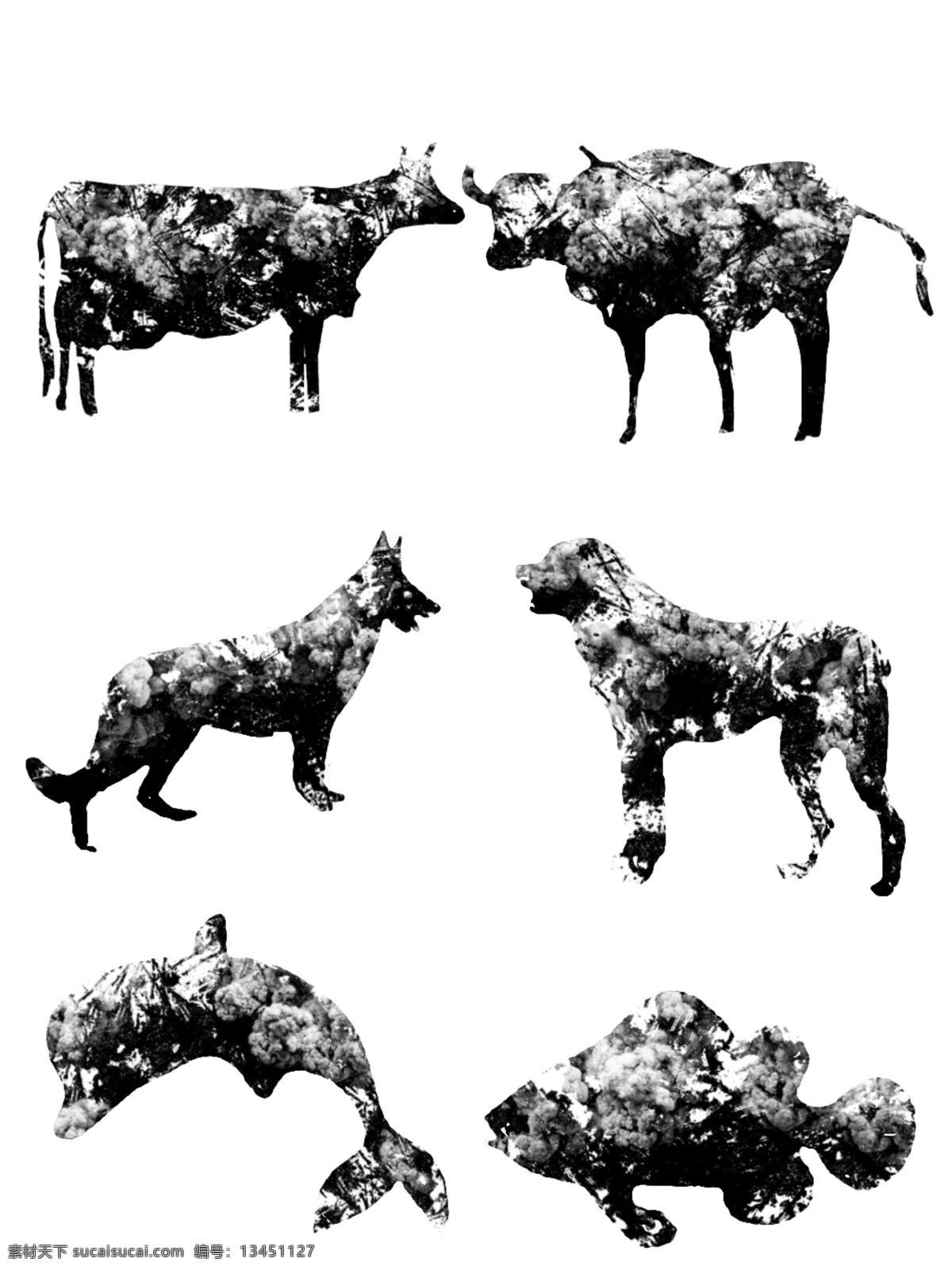 手绘 中国 风 黑白 水墨画 动物 集 商用 免 扣 中国风 奶牛 牛 海豚 水墨 狼狗 狼 鱼