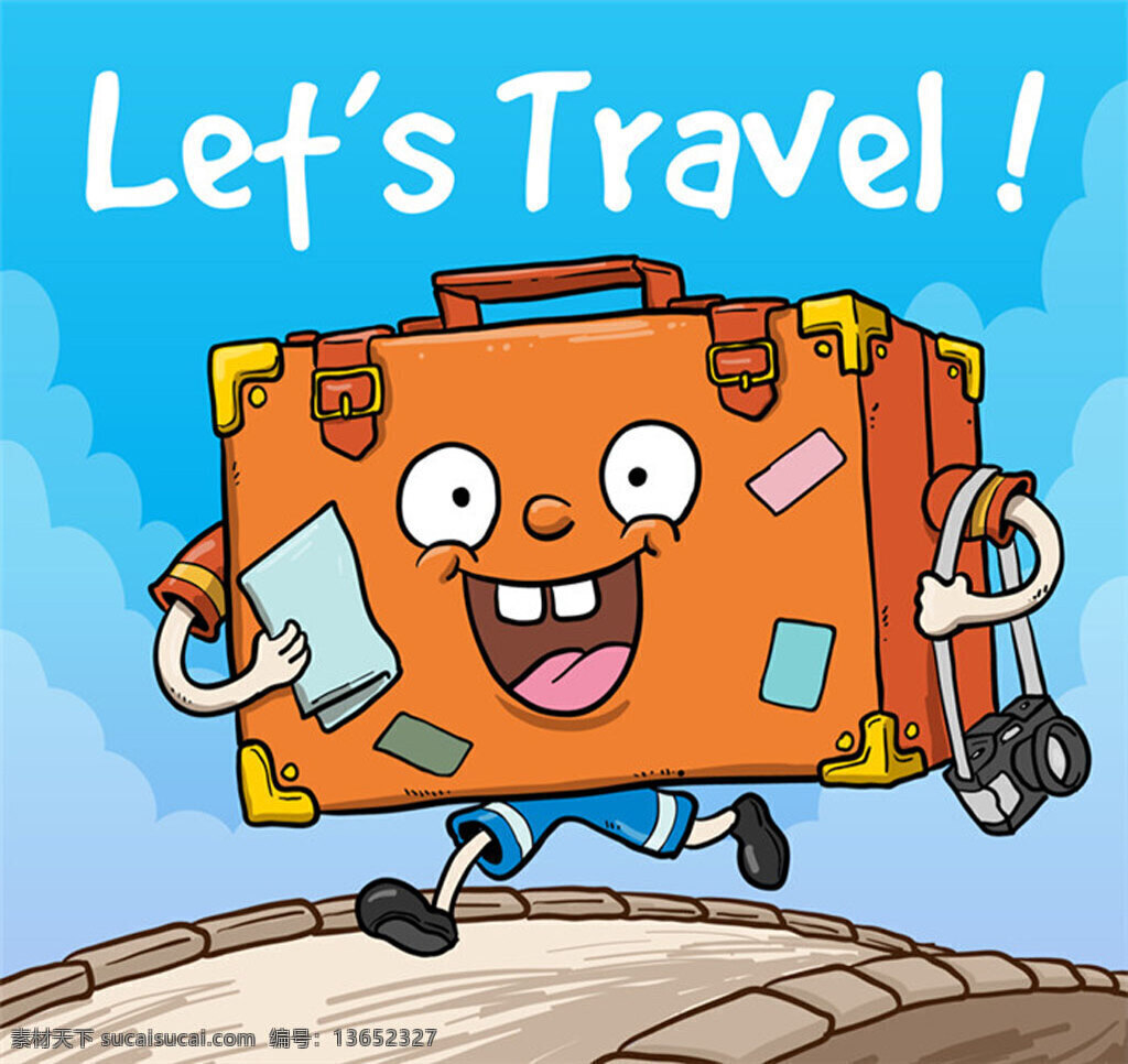 卡通 旅行 奔跑 行李箱 节日庆典 旅行箱 跑步 trave 旅游 照相机 地图 矢量 青色 天蓝色