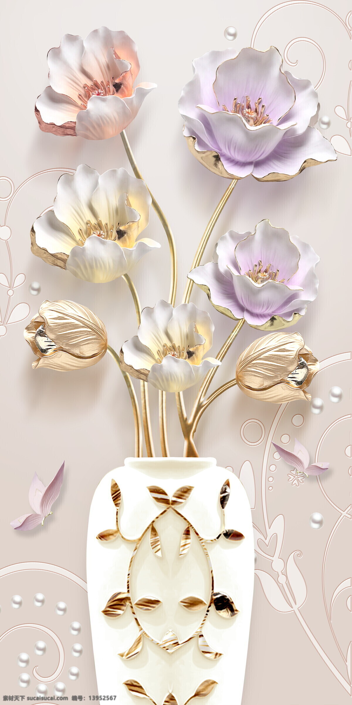 玄关 装饰画 背景 花瓶 花朵 浮雕 蝴蝶 玉雕