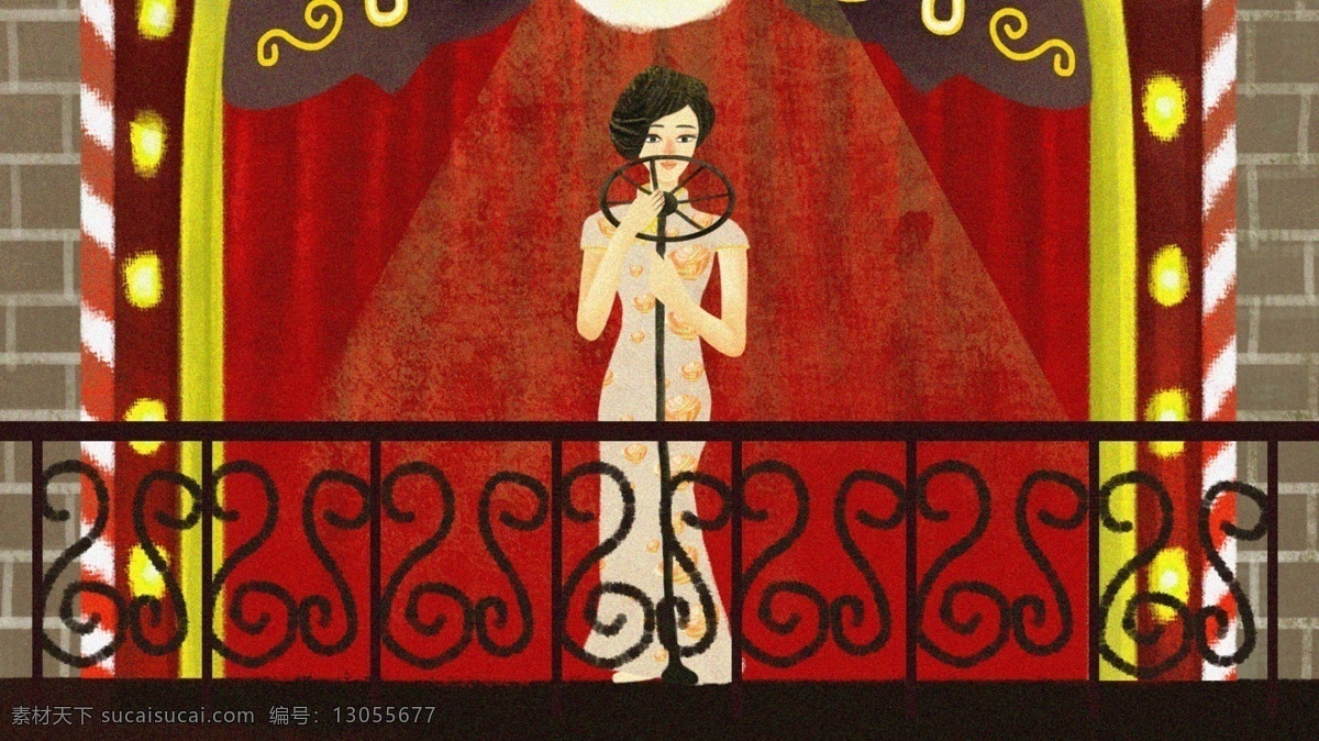 简约 插画 民国 复古 风 舞女 复古风 唱歌 舞台 手绘 民国风 夜上海