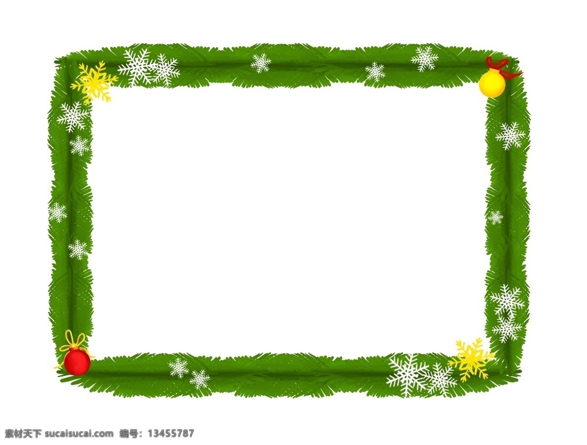 手绘 圣诞 小 物 边框 圣诞小物 绿色 绿色边框 圣诞树 红色圣诞球 插画 边框插图 雪花
